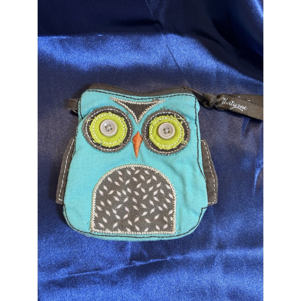 Thirty-One Turquoise Owl Coin Purse Keychain Clip Button Eyes Zip Pouch[N]